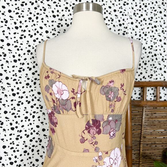 Aritzia | Wilfred Bellow Tan Yellow Floral Print Tie Bust Sexy Summer Midi Dress - Picture 2 of 13